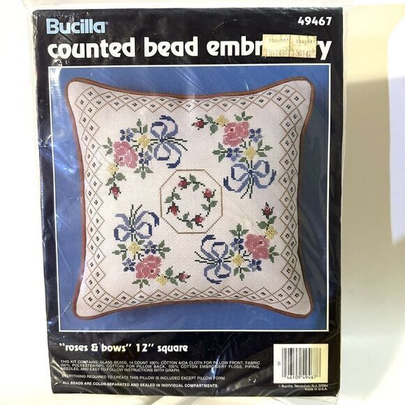 Bucilla Other - Vtg Bucilla Roses & Bows Counted Bead Embroidery Pillow Kit 12" Square 49467 New